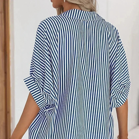 Blue & White Casual Womens Striped Print Batwing Sleeve Shirt - Picture 2 of 5